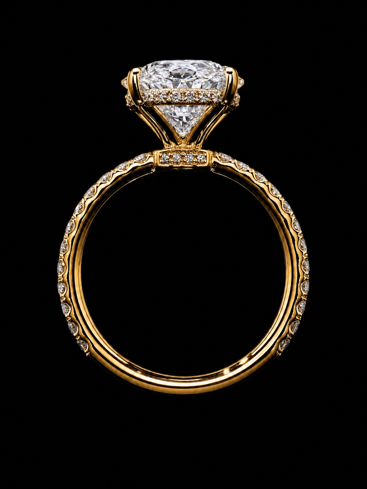 Soleil Oval Hidden Halo Engagement Ring – Oval Cut – Three-Sided Pavé Band