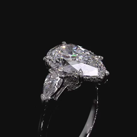 The Trilogy Three Stone with Hidden Halo Engagement Ring - Pear Cut - High Polish Band