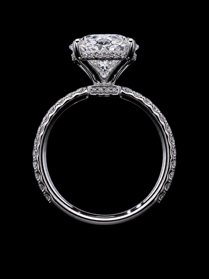 Soleil Oval Hidden Halo Engagement Ring – Oval Cut – Three-Sided Pavé Band